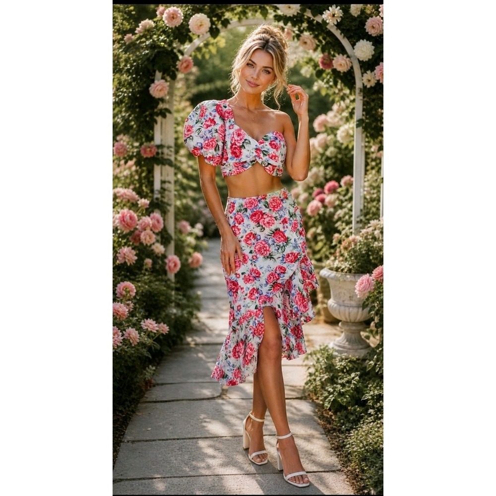 New Hello Molly Romantic Floral Hot Breeze Set Crop Blouse Asymmetrical Skirt S